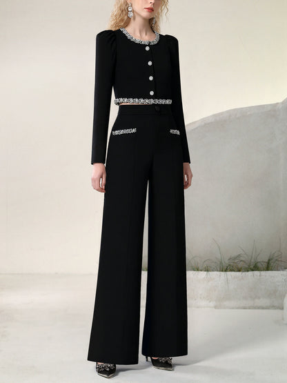 CHECOCRE celebrity style suit fashion diamond chain top high-waisted straight-leg pants - ECHO.