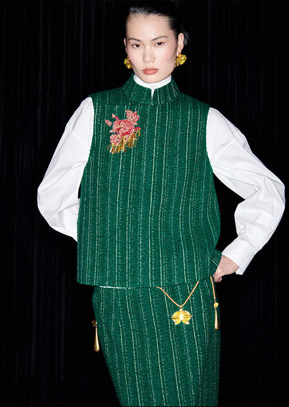 M essential Mackay designer rose beads placket green vest pencil skirt - Biba.