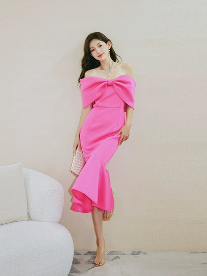 DOLLY Elegant Pink Big Bow Tube Top Off Shoulder Ruffled Fish Tail Dress-ZAYNAB