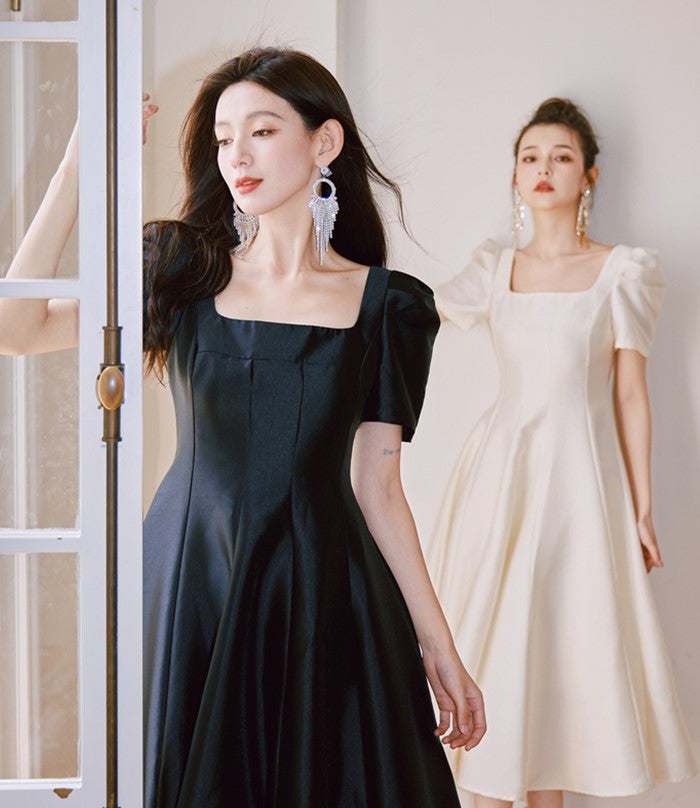 DOLLY Elegant Retro Square Neck Short Puff Sleeve Satin Long A-Line Dress-BAMBI