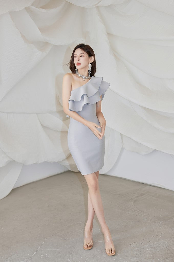 DOLLY High End Slant Collar Ruffled Of Shoulder Body Hug Short Formal Dress-ZENAIDA