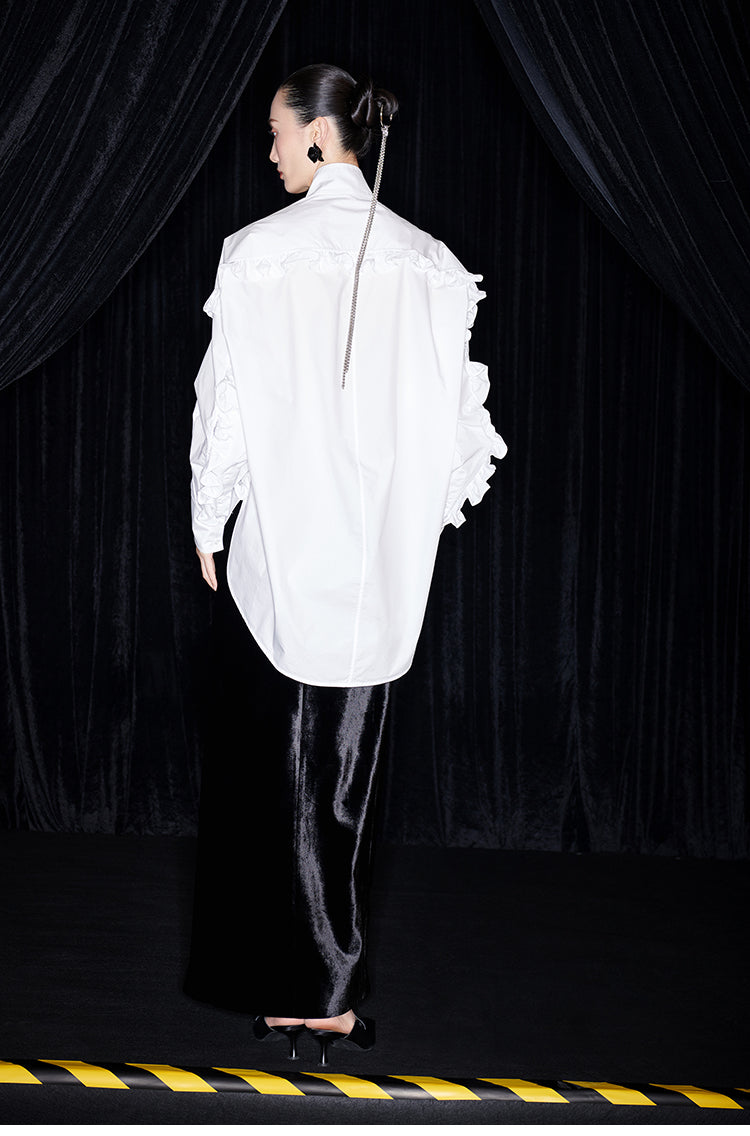 M essential Mackay designer white cotton three-dimensional ruffle trim shirt -  Tori.