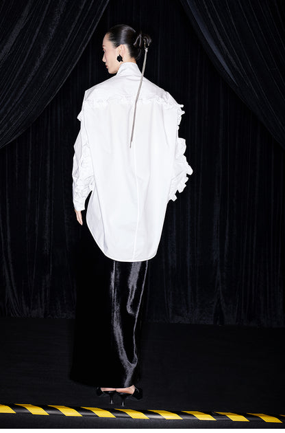 M essential Mackay designer white cotton three-dimensional ruffle trim shirt -  Tori.