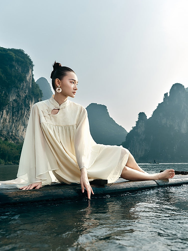 HECO [Feng Wu Clear Sleeves] New Chinese Standing Collar Buckle Flowing Dress- CLOAK.