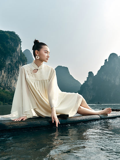 HECO [Feng Wu Clear Sleeves] New Chinese Standing Collar Buckle Flowing Dress- CLOAK.