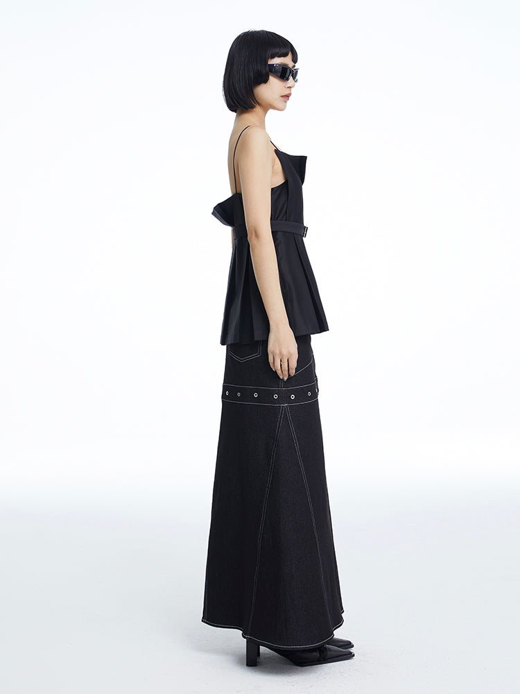 TINY IN black denim women's long a-line skirt -SALEM