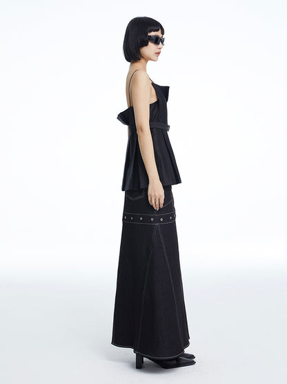 TINY IN black denim women's long a-line skirt -SALEM