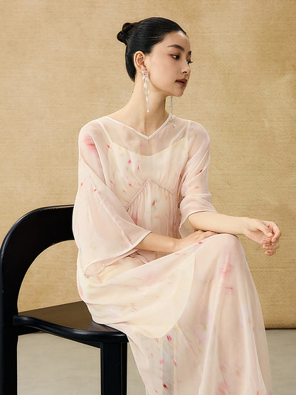 HECO Chinese Resort Style Flowing V-neck Dress - STONE.