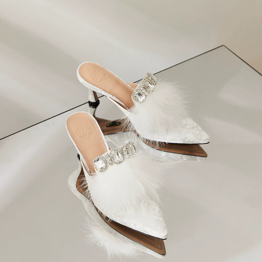 B-FEI Feather Rhinestone White small heels Mule Shoes - POLZ.