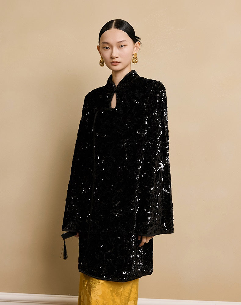 HECO floral sequins embroidery long sleeve short DRESS  - CUTE.