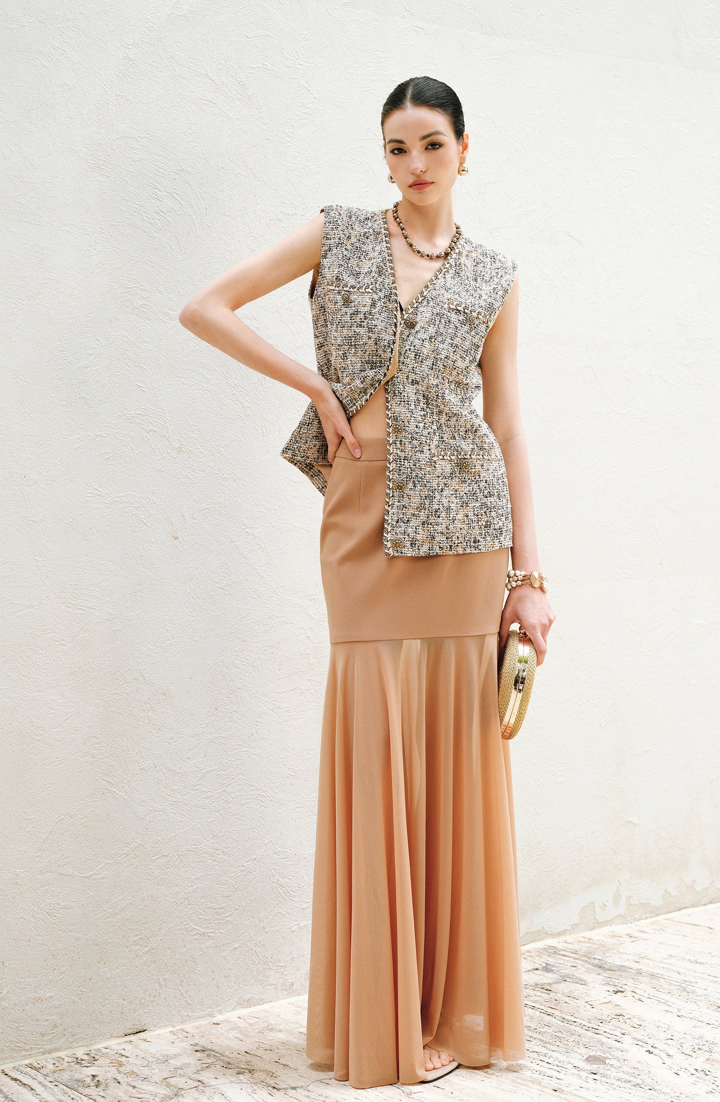 WANGXO | Twill Roman Knit with Lightweight Sheer Paneling  A-Line Hem Flowing Skirt  -RAYA