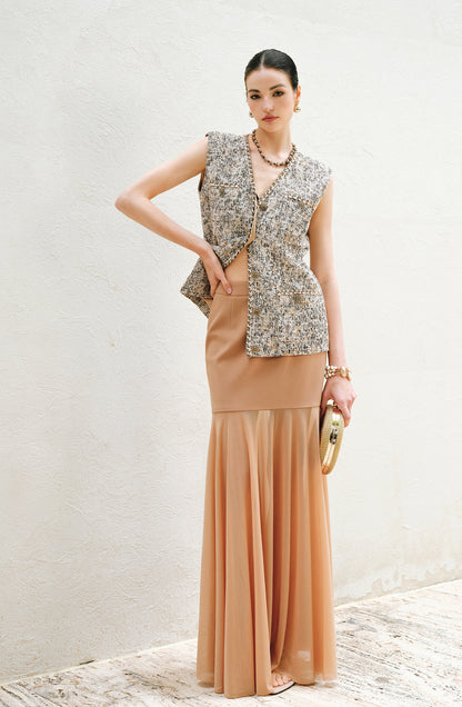 WANGXO | Twill Roman Knit with Lightweight Sheer Paneling  A-Line Hem Flowing Skirt  -RAYA