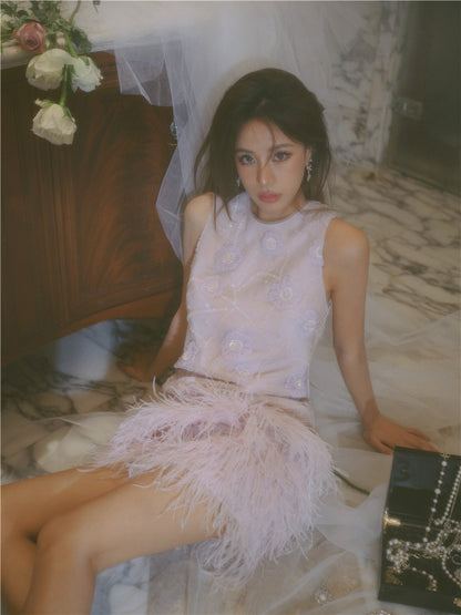 Wardrobes by Chen Purple Round Neck Sleeveless Dinner Feather Dress-Xera