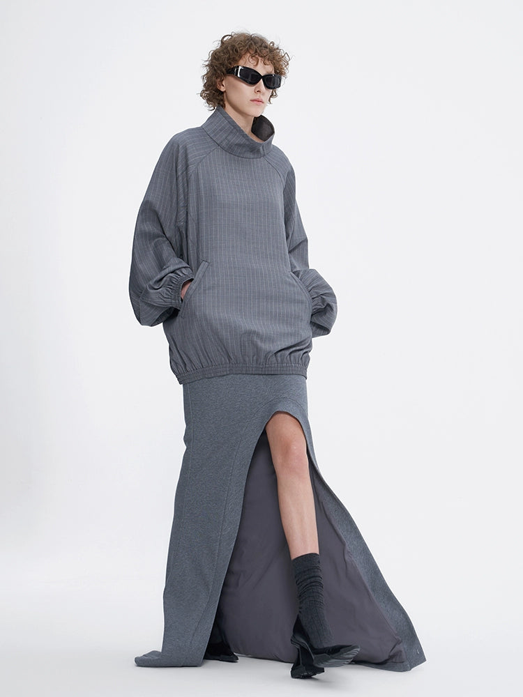 ANNAKIKI Gray Wool Casual Loose Pullover Stand Collar Top-EIKO