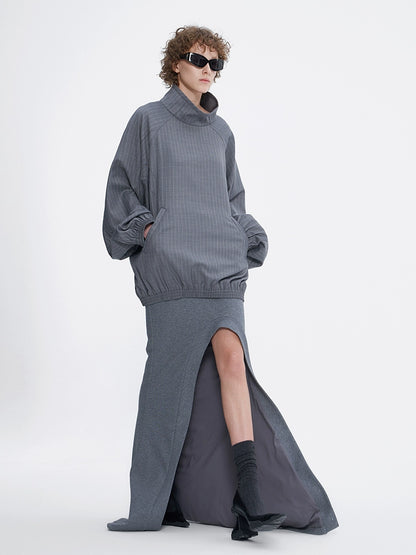 ANNAKIKI Gray Wool Casual Loose Pullover Stand Collar Top-EIKO