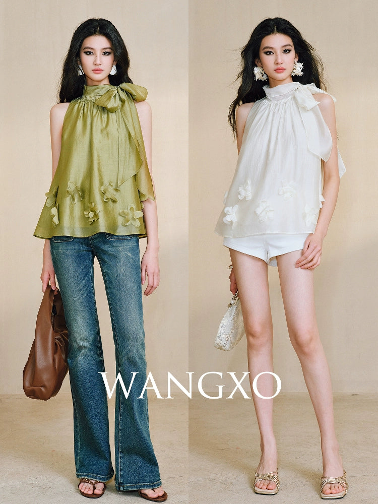 WANGXO Luxury Brand High-End Tencel Acetate Heavy Handmade Nail Flowers French Loose Ribbon Sleeveless Top - MAEVE
