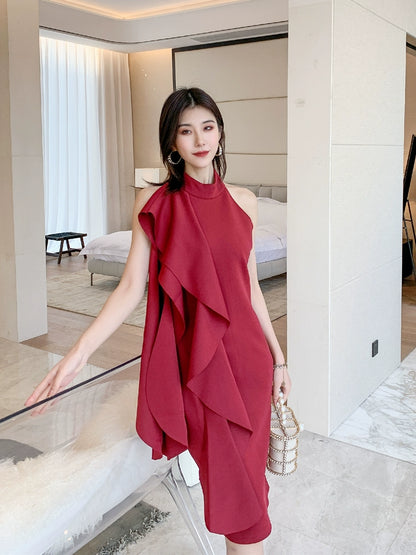 DOLLY Elegant Stand Collar Sleeveless Ruffle Midi Business Dinner Dress-RAINA