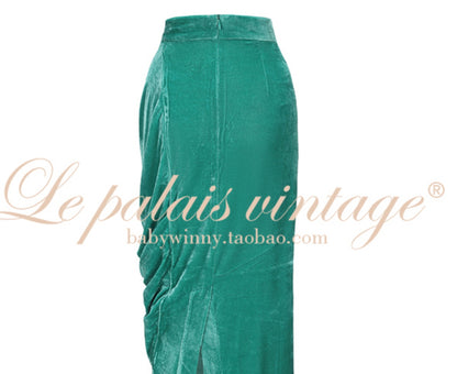 Le Palais Vintage Original New Chinese Green Velvet Wrap Top + Irregular Draped Skirt-TEE.
