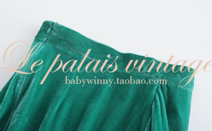 Le Palais Vintage Original New Chinese Green Velvet Wrap Top + Irregular Draped Skirt-TEE.