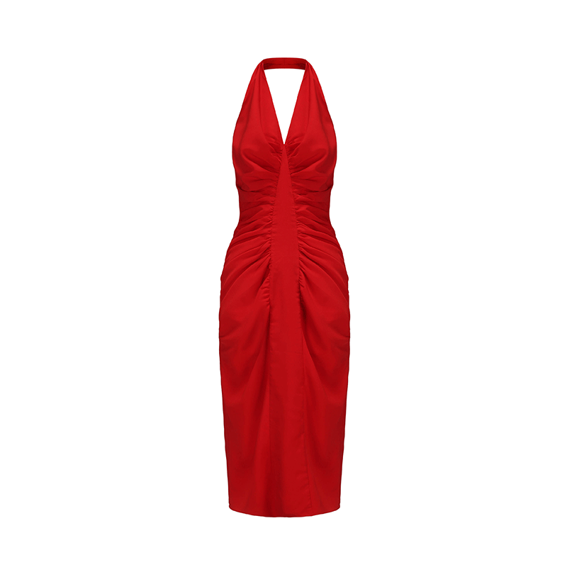 ATELIER MISS LU Fall/Winter ruffled design halterneck backless slim Red dress - STELLA