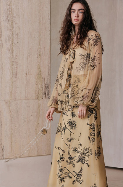 M essential Wise & Elegant Relaxed Resort Silk Flowing Streamer Print Skirt-SELVARA.