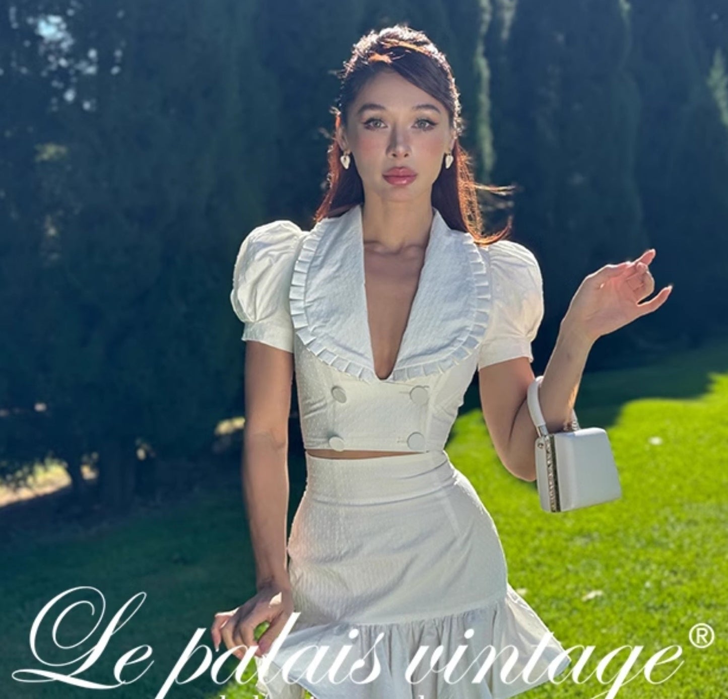 Le Palais Vintage French Girly Pure White Puff Sleeve Short Top and Ruffled Skirt-ASDA.