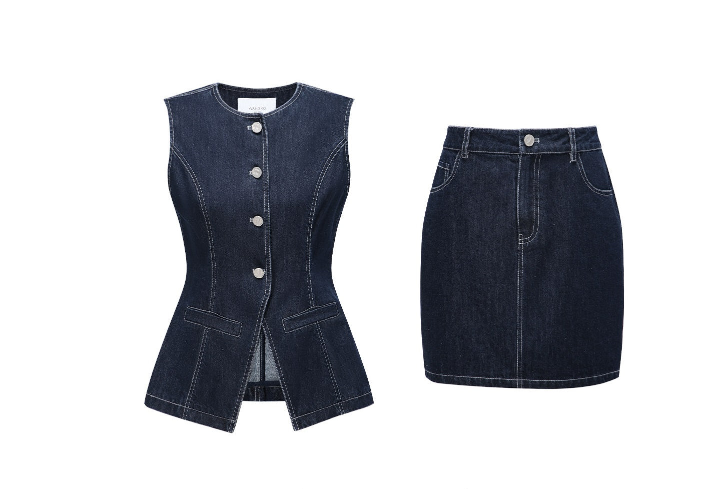 WANGXO | Denim with High-Quality Cotton Blend Waist Contrast Line Denim Vest & Skirt Set -ZIVA