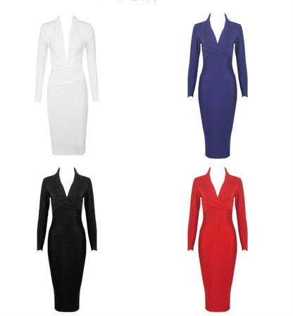 DOLLY Elegant Blue/White Deep V-Neck Long Sleeve Sexy Bandage Party Dress-KONNIE