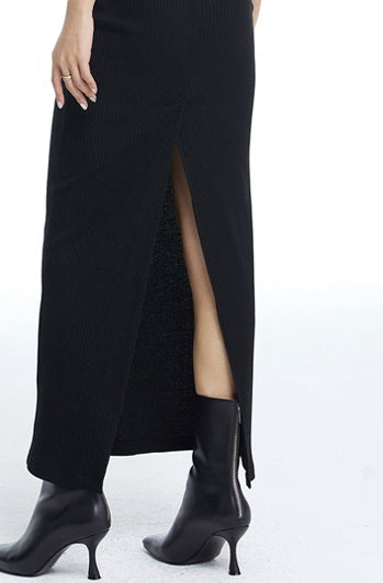 TINY IN fake two-piece deconstructed knitted back slit midi black dress -PUPIN