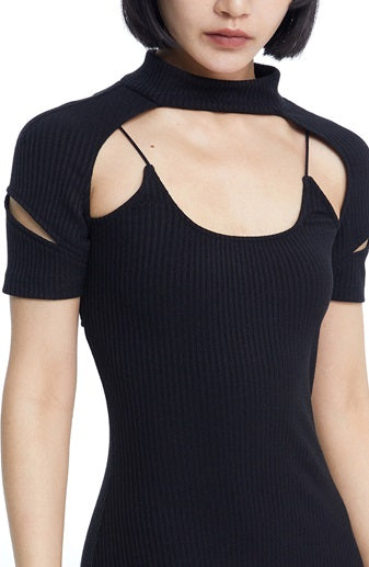 TINY IN fake two-piece deconstructed knitted back slit midi black dress -PUPIN