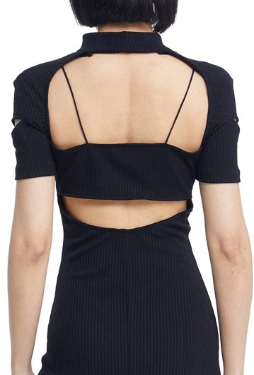TINY IN fake two-piece deconstructed knitted back slit midi black dress -PUPIN