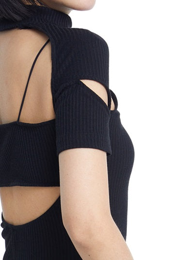 TINY IN fake two-piece deconstructed knitted back slit midi black dress -PUPIN
