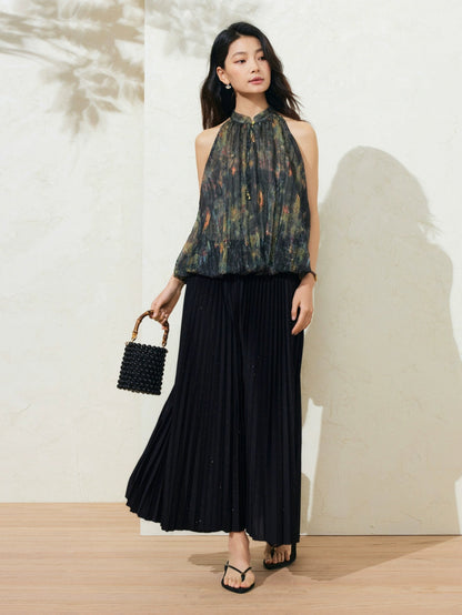 SUSHE Light Chinese smudge halter neck off-the-shoulder chiffon top -TESS