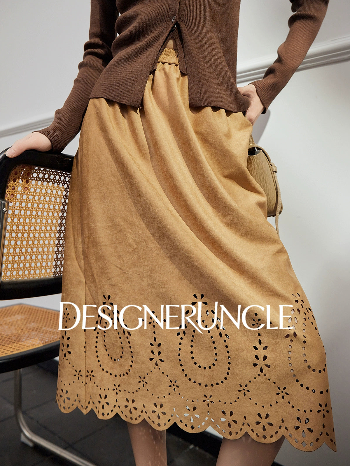 DGU|Floral Coffee Color New Hollow Design Versatile Slimming and Skirt - BLED.