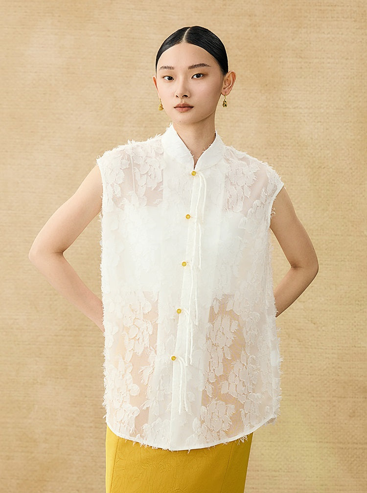 HECO Chinese Style Stand-up Collar Cut Flower Sleeveless Shirt - HELD .