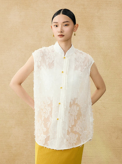HECO Chinese Style Stand-up Collar Cut Flower Sleeveless Shirt - HELD .