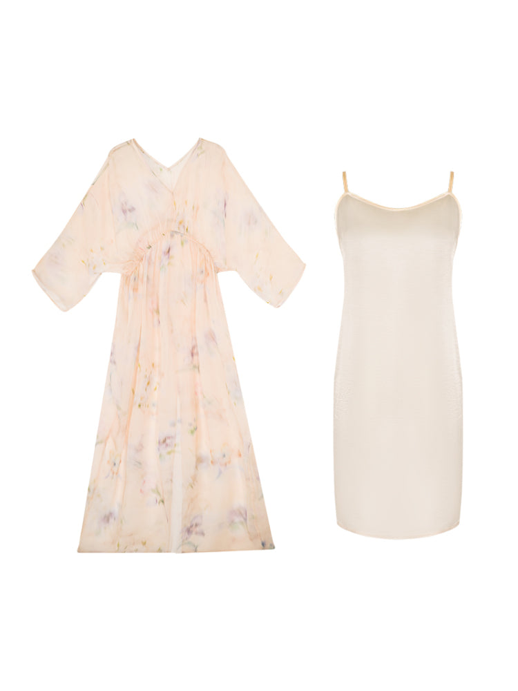 HECO Chinese Resort Style Flowing V-neck Dress - STONE.