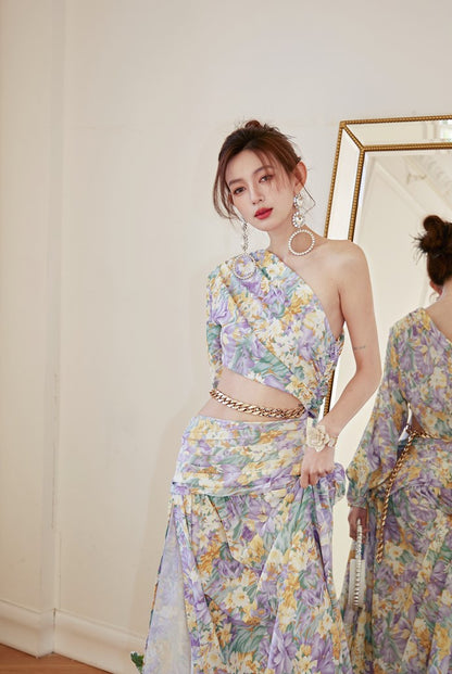 DOLLY Luxury French Style Floral One Sleeve Off Shoulder Waist Baring Slit Resort Dress-LYRA