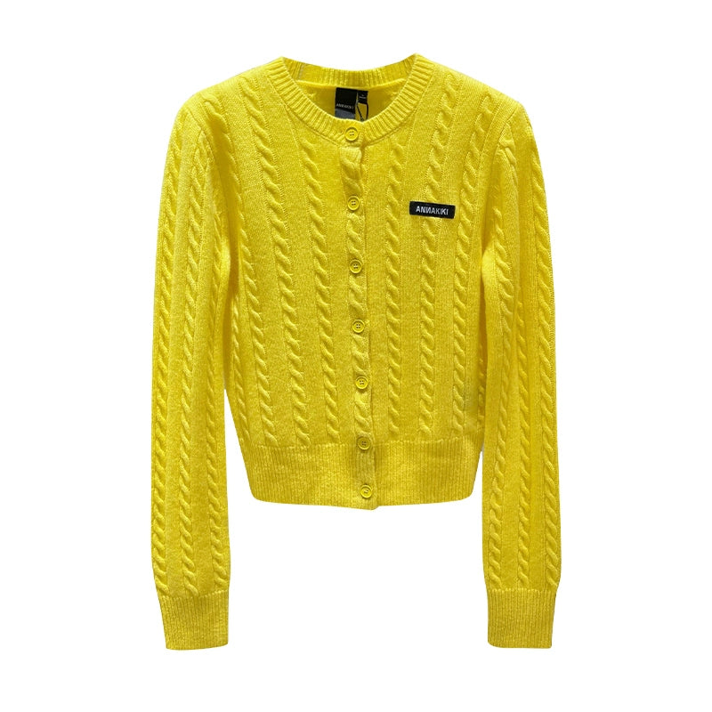 ANNAKIKI furry crew neck slim sheep knitted cardigan sweater-RIN