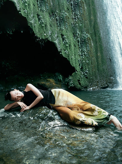 HECO Chinese blended gradient golden dragon embroidered straight skirt - RELY.