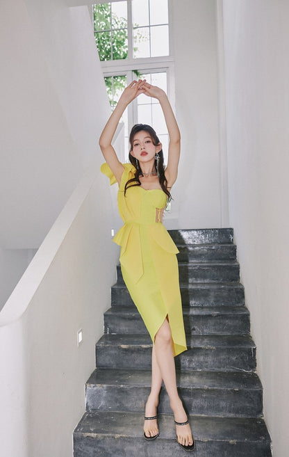 DOLLY Elegant Ruffled Off Shoulder Hollow Waist Irregular Hem Dinner Dress-NINA