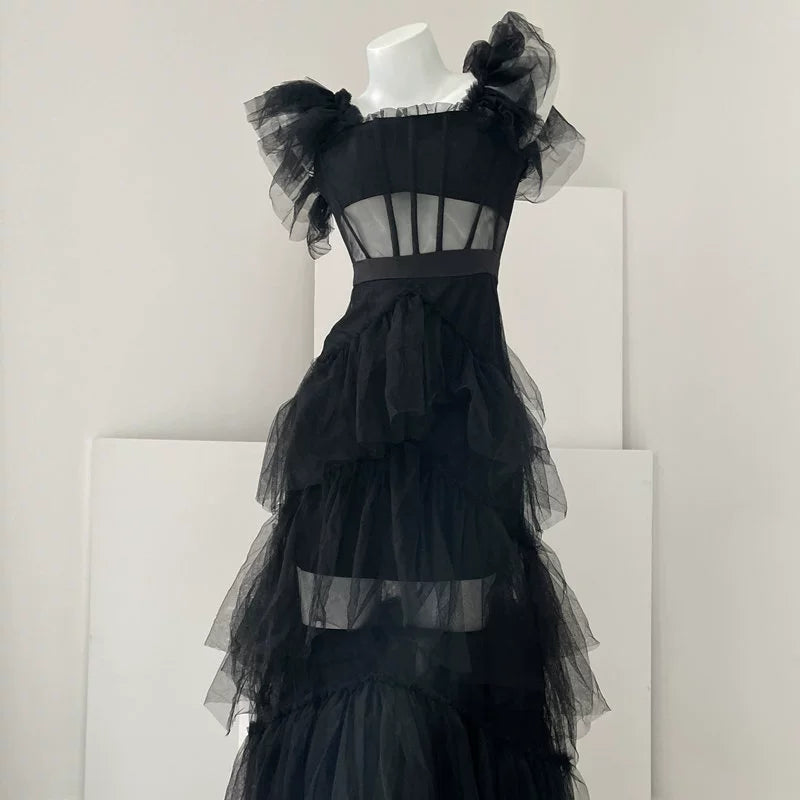 DOLLY High End Square Collar Short Ruffle Sleeves High Waist French Style Dress-MARIANA