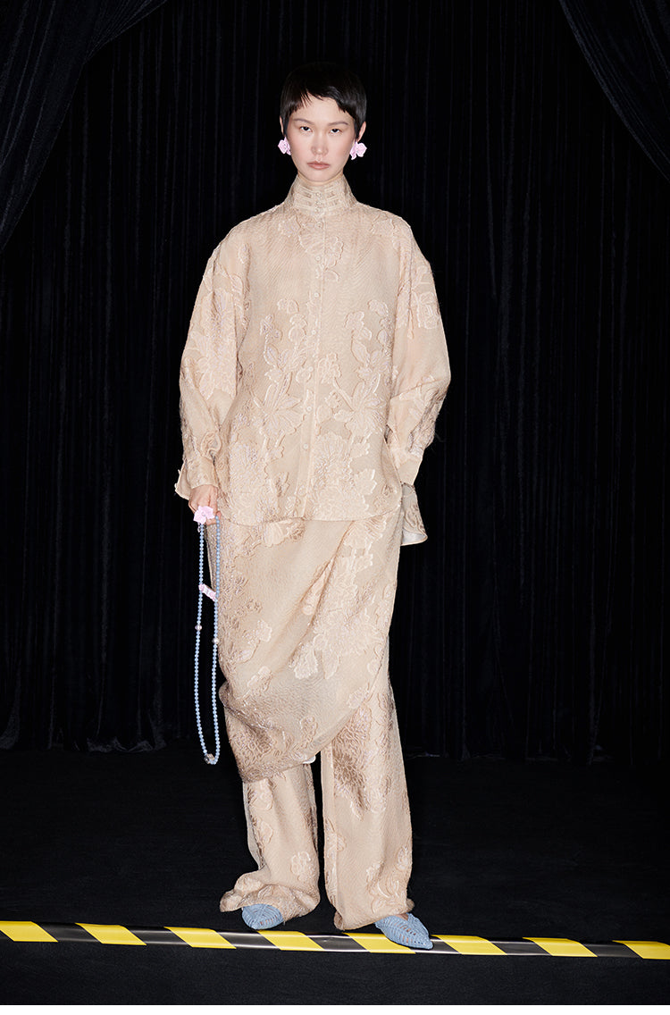 M essential Mackay Chazen silk jacquard disc button-up stand collar shirt pant set - eigiu.