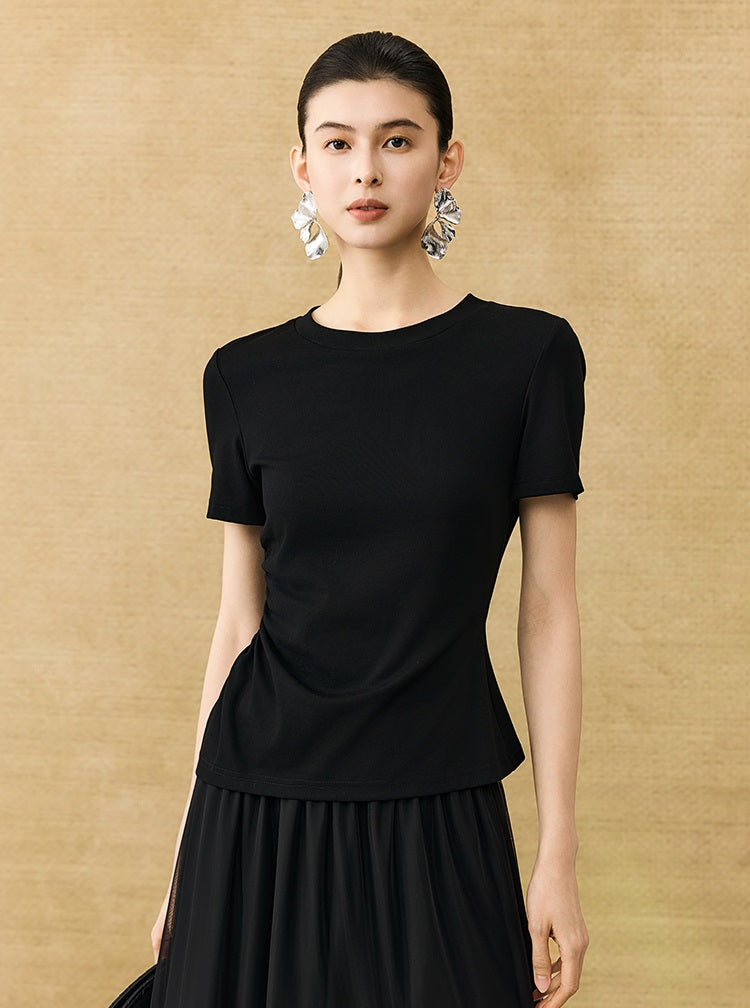 HECO Chinese Style Waist Shirred Knit Slim Stretch Top- STIQE.