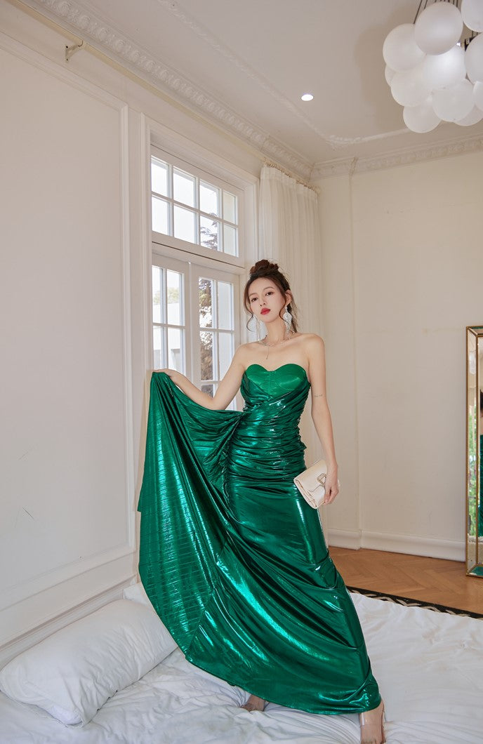 DOLLY High End Green Off Shoulder Chest Wrap Irregular Fish Tail Dress-LEAH