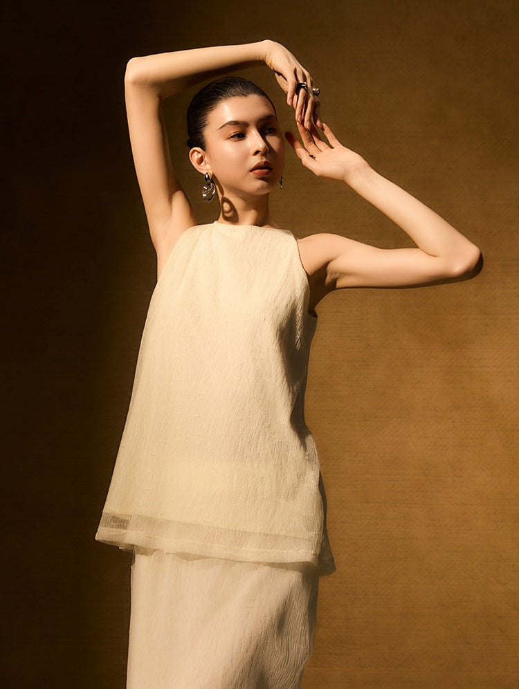 HECO Chinese style wrinkle elastic crew neck vest  age-reducing top - CAST.