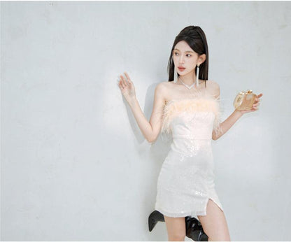 DOLLY High End Off White Feather Tube Top Sequin Short Slit Party Dress-PANTI