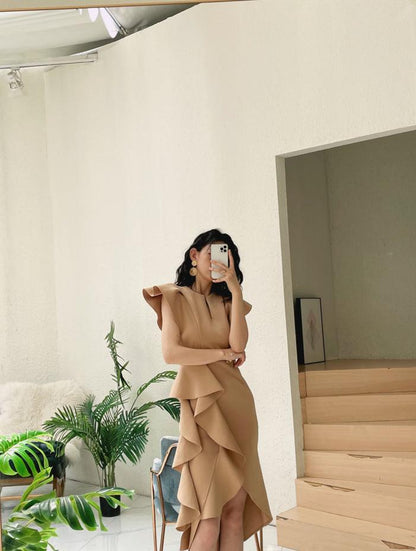DOLLY Luxury V-Neck Short Sleeve High waist Slim Fit Irregular Hem Date Dress-LISA