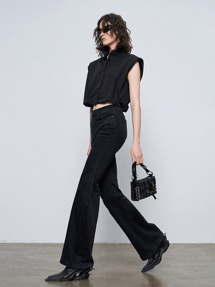ANNAKIKI Black Wavy Silhouette Slim Denim Wide-Leg Pants-MAPLE