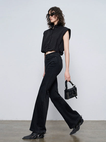 ANNAKIKI Black Wavy Silhouette Slim Denim Wide-Leg Pants-MAPLE